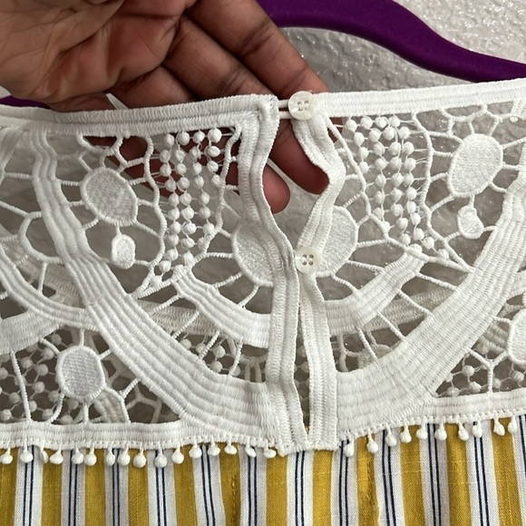 BYSI Women’s Blouse Cropped Bell Sleeves Lace Boho Size S Yellow Striped - Picture 7 of 11